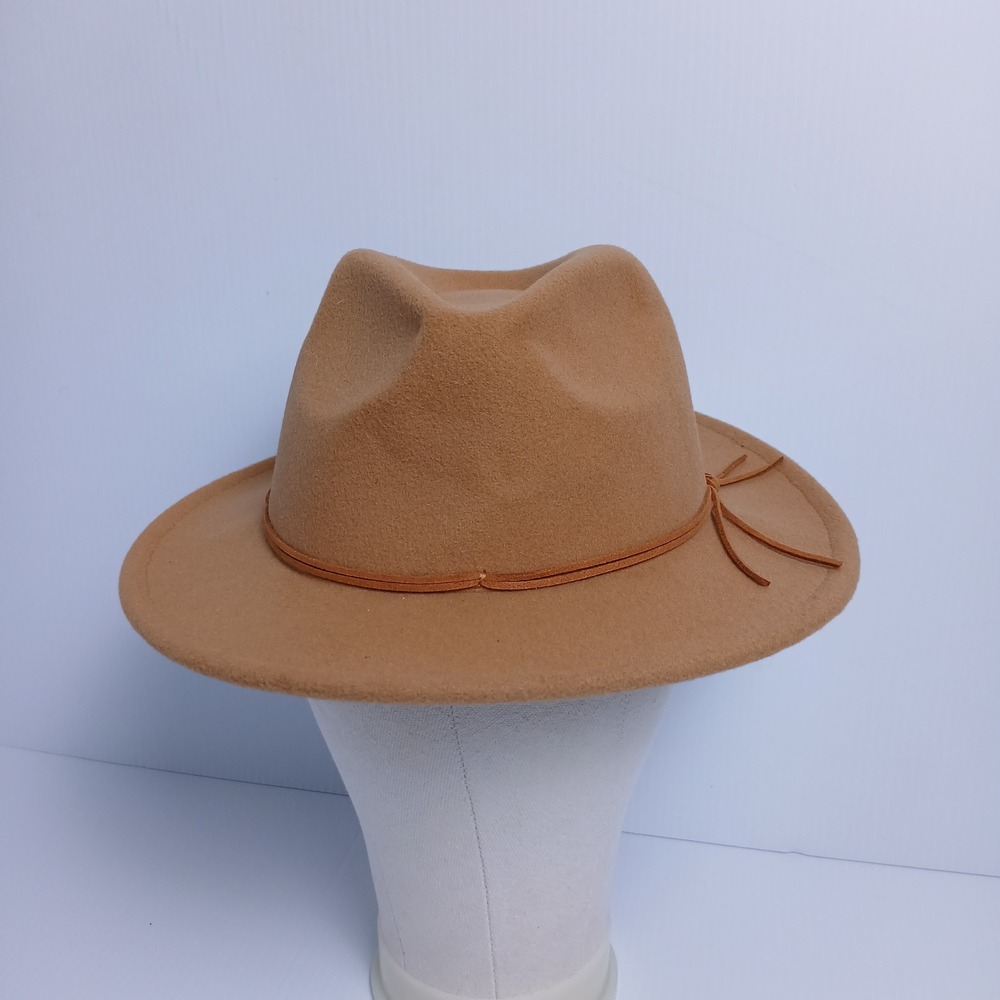 Kids Camel Tan Felt Fedora Wide Brim Hat with Faux Leather Cord Band